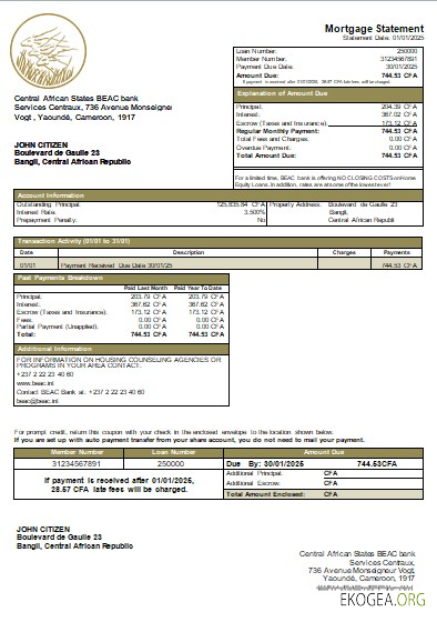 République Centrafricaine BEAC relevé hypothécaire bancaire scr